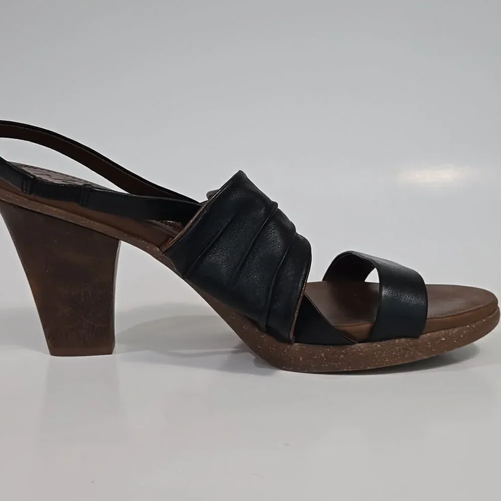Naya Alamosa Black Leather Sling Back Sandals Block Heel Sz 9.5 Buckle Strappy‎